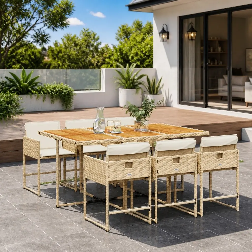 7 Piece Garden Dining Set Outdoor Furniture Beige Poly Rattan Chairs Table Patio
