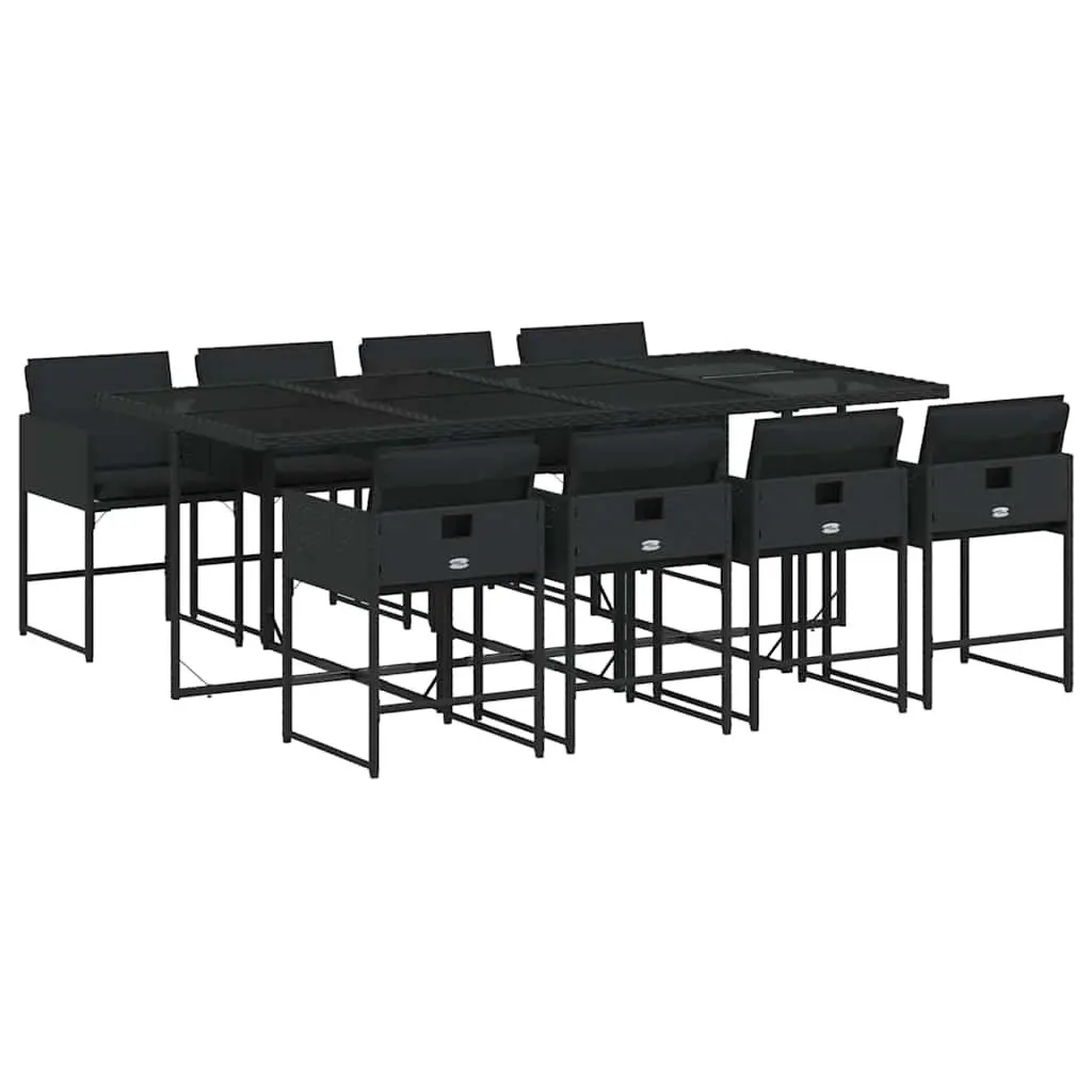 9 Piece Outdoor Furniture Set Black Poly Rattan Patio Table with Cushions and Foldable Chairs