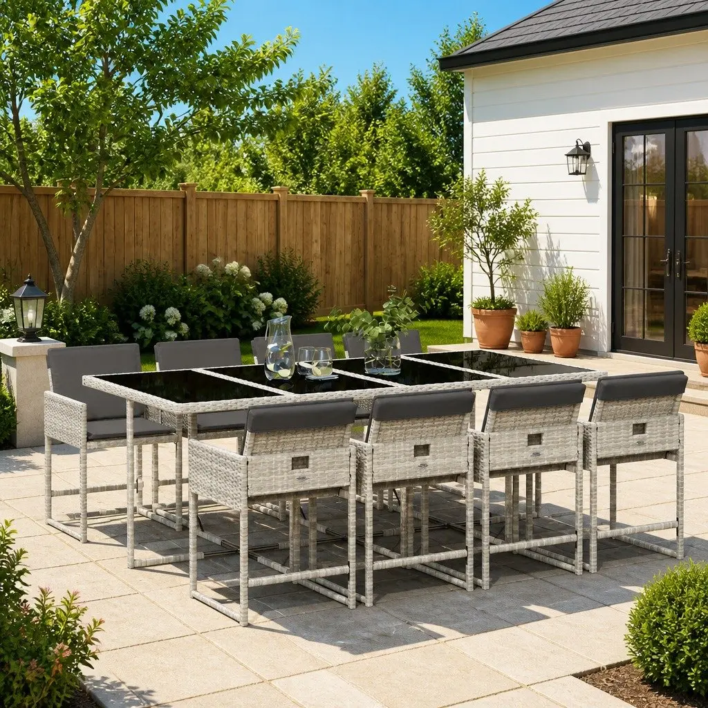 9 Piece Garden Dining Set Poly Rattan Chairs Table with Cushions Grey