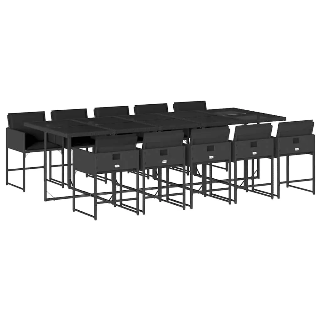 11 Piece Garden Dining Set PE Rattan Black Outdoor Furniture with Tempered Glass Table and Cushioned Chairs
