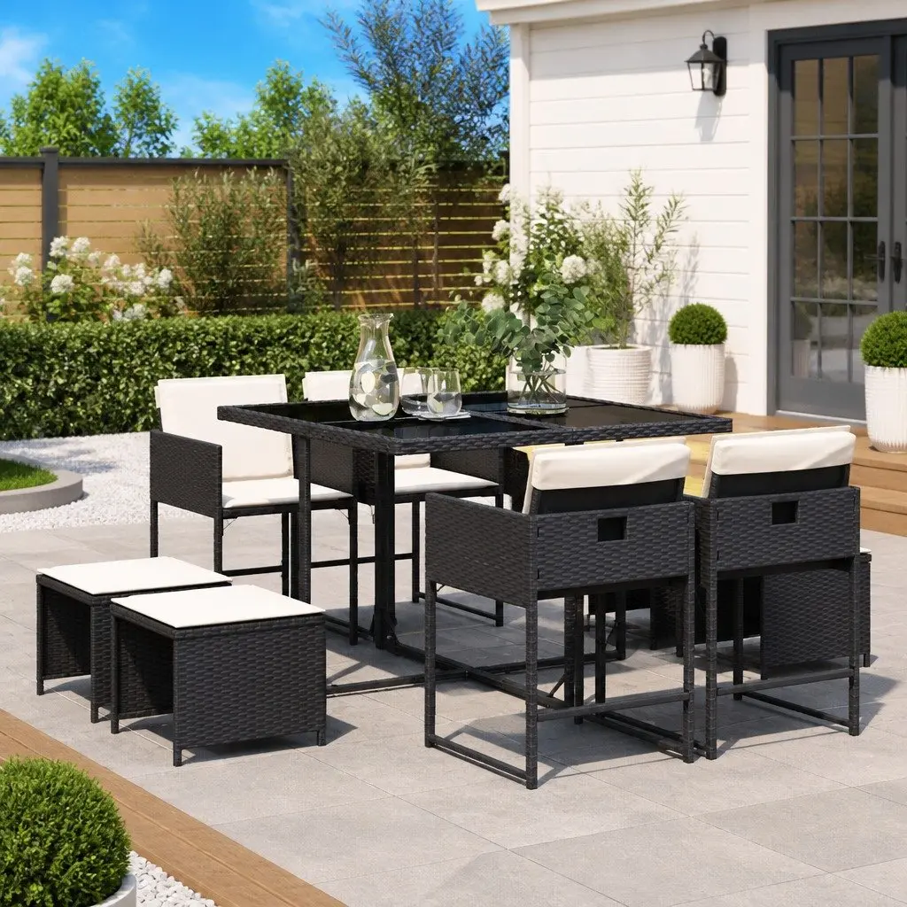 Outdoor Dining Set PE Rattan 9 Piece Garden Furniture Table Chairs Cushions Black