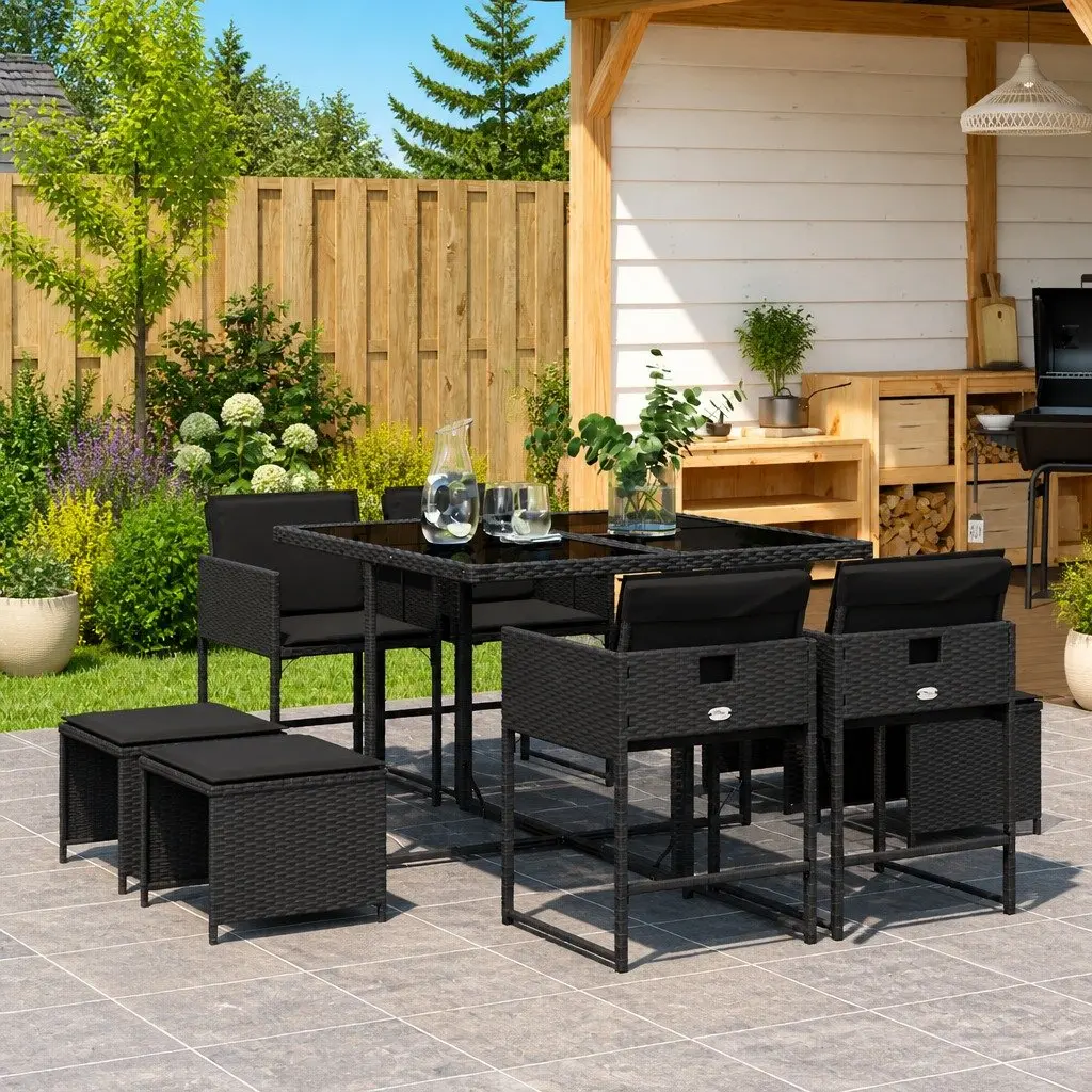 9 Piece Outdoor Dining Set PE Rattan Black Tempered Glass Table with Cushions