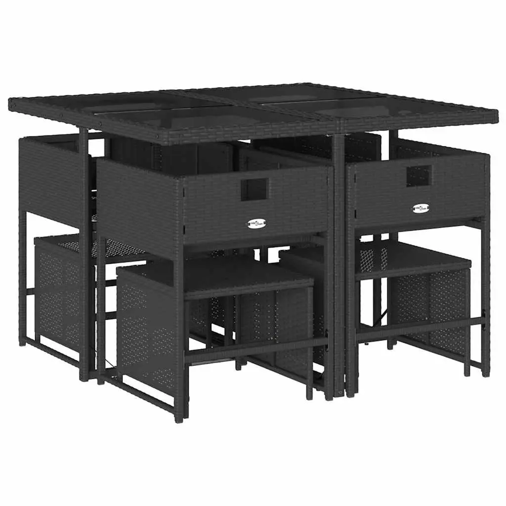 9 Piece Outdoor Dining Set PE Rattan Black Tempered Glass Table with Cushions