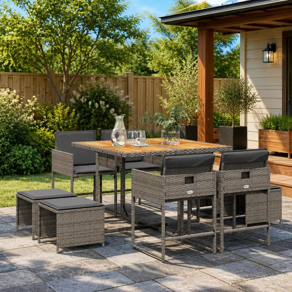 Garden Dining Set 9 Piece PE Rattan Acacia Wood Grey Outdoor Furniture Patio Table Chairs