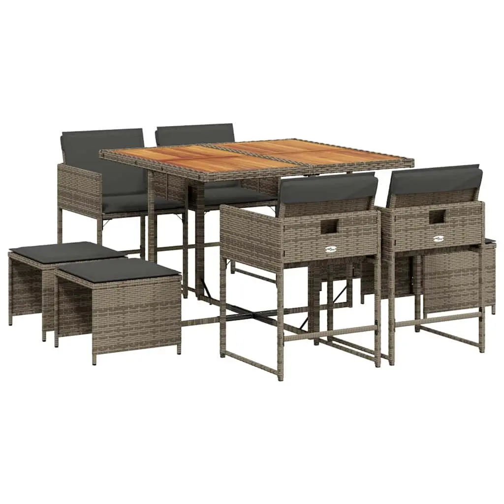 Garden Dining Set 9 Piece PE Rattan Acacia Wood Grey Outdoor Furniture Patio Table Chairs
