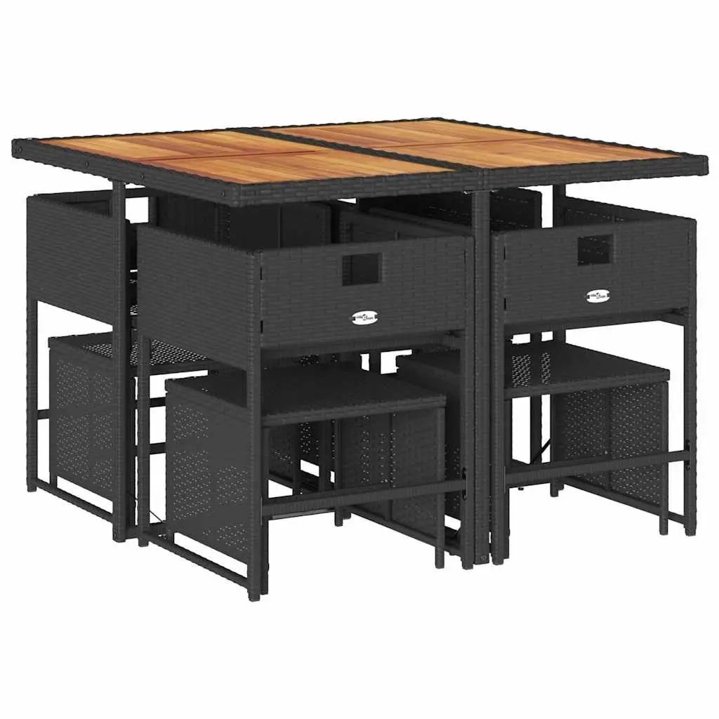 9 Piece Outdoor Dining Set PE Rattan Frame Acacia Wood Table Black