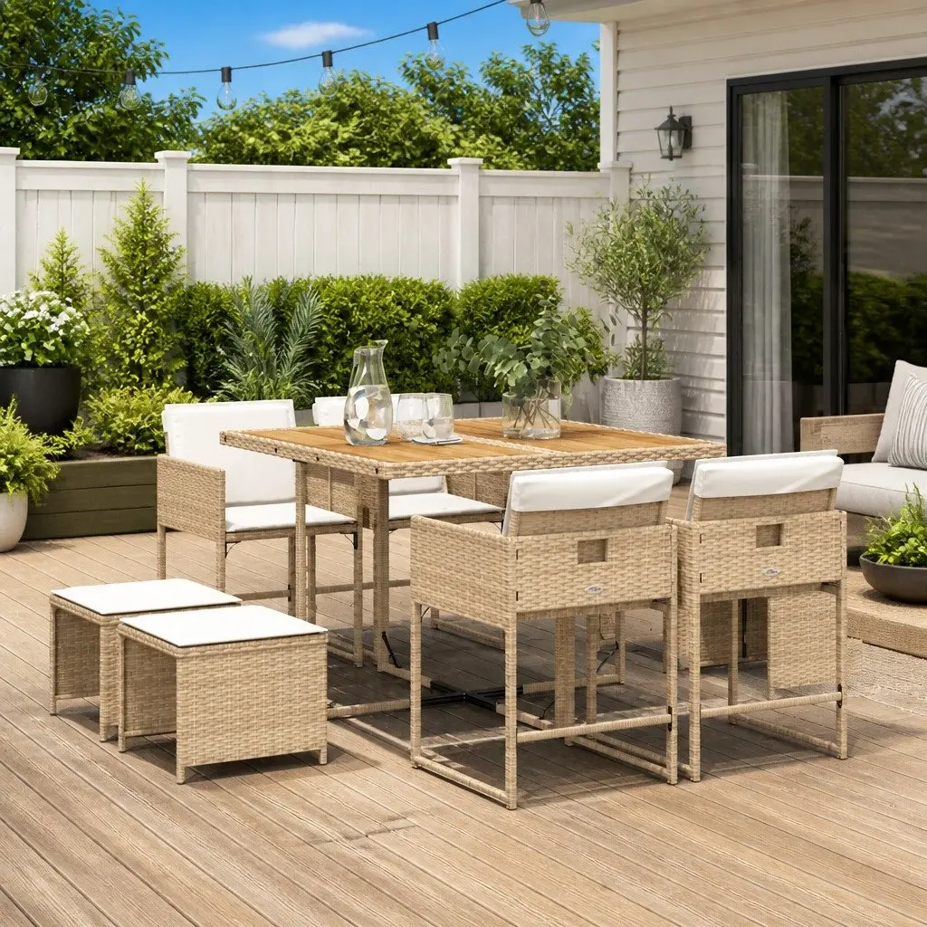 Garden Dining Set 9 Piece Outdoor Furniture with Cushions Beige Rattan Patio