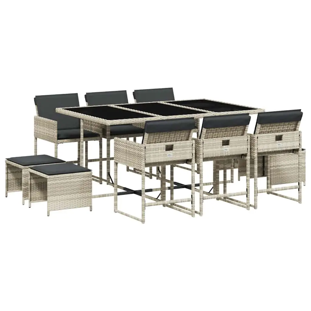 Outdoor Dining Set Grey 11 Piece Poly Rattan Furniture with Cushions and Glass Top