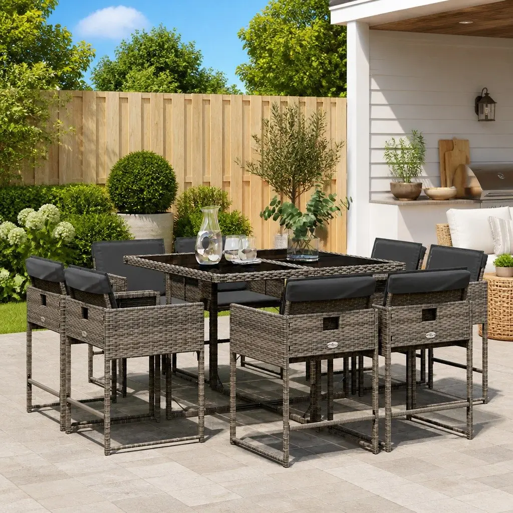 9PieceGardenFurnitureSetGreyPolyRattanOutdoorDiningPatioTablewithChairs