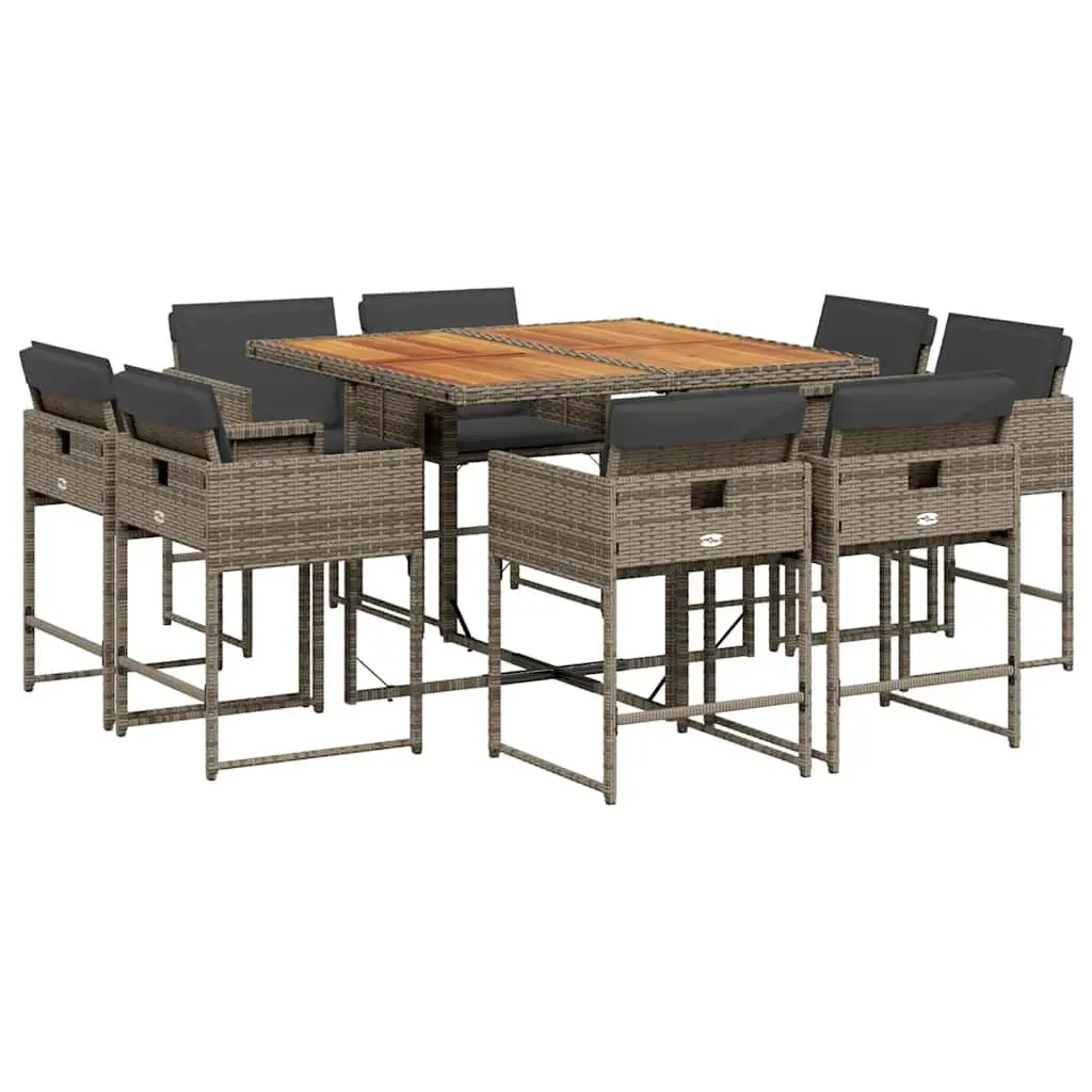 9 Piece Outdoor Dining Set Grey PE Rattan Garden Furniture with Acacia Wood Table and Cushions