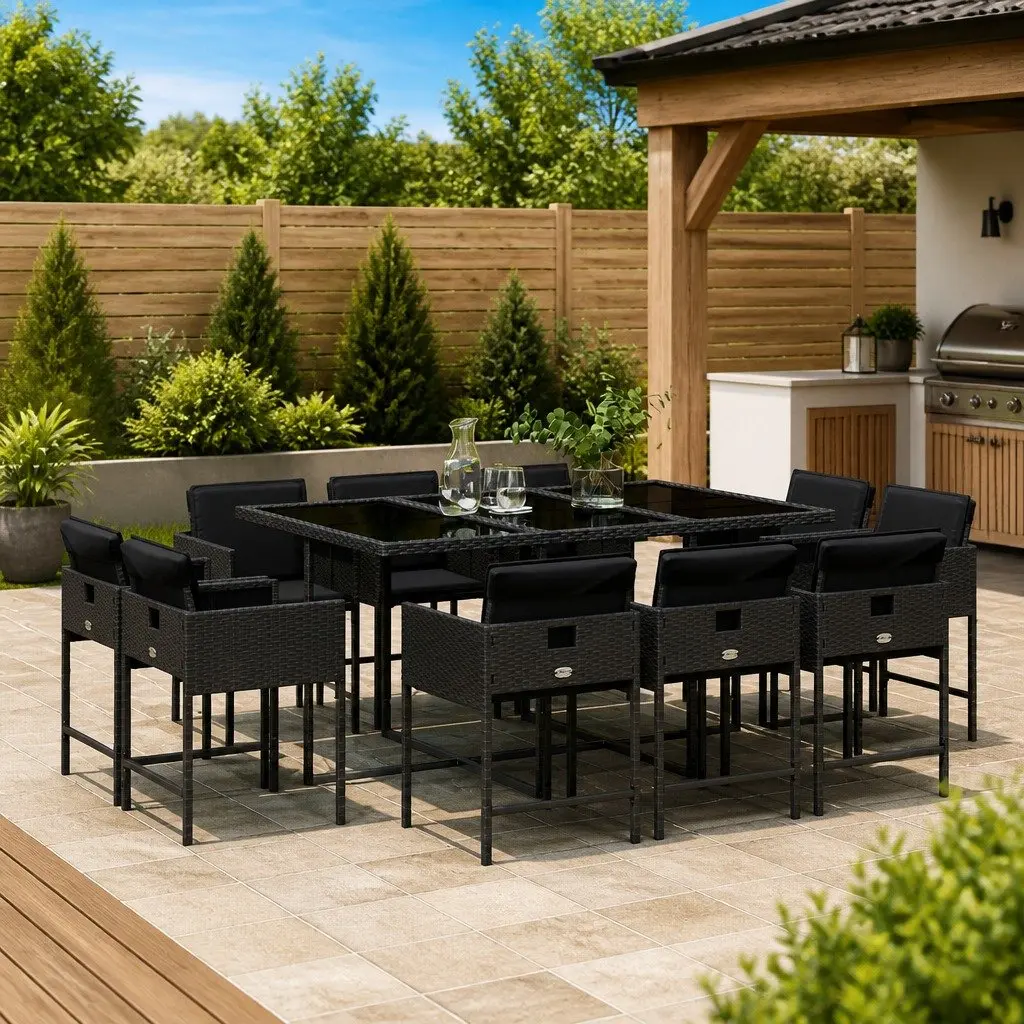 Outdoor Dining Set 11 Piece Garden Furniture with Cushions Black Poly Rattan