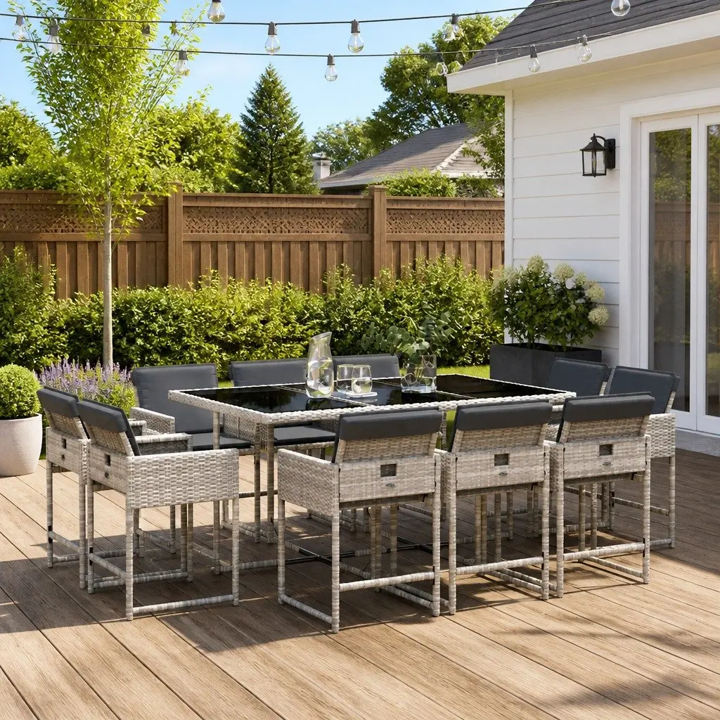 Garden Dining Set 11 Piece PE Rattan Outdoor Furniture Grey with Tempered Glass Table and Cushions