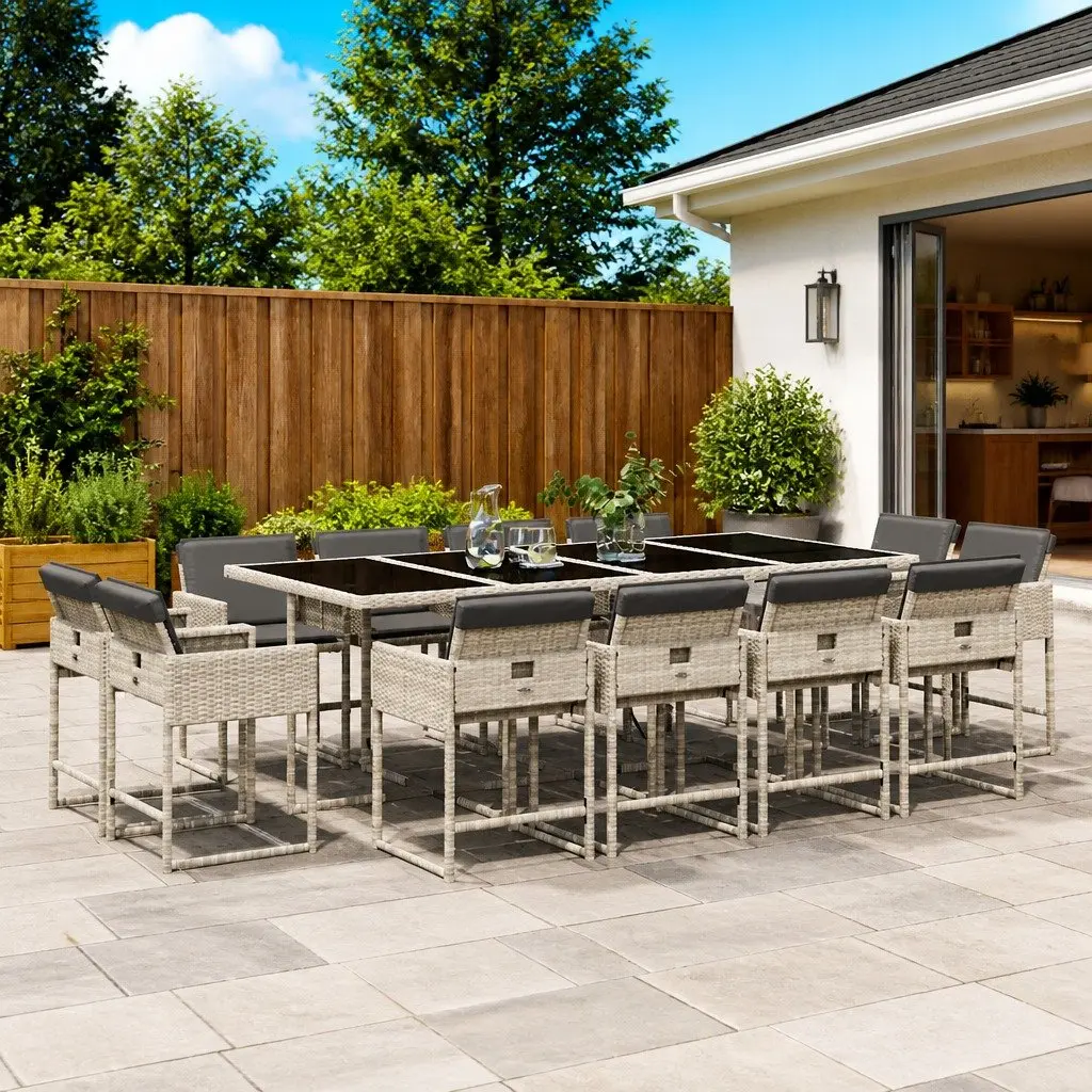 Outdoor Dining Set 13 Piece PE Poly Rattan Chairs Table Cushions Grey