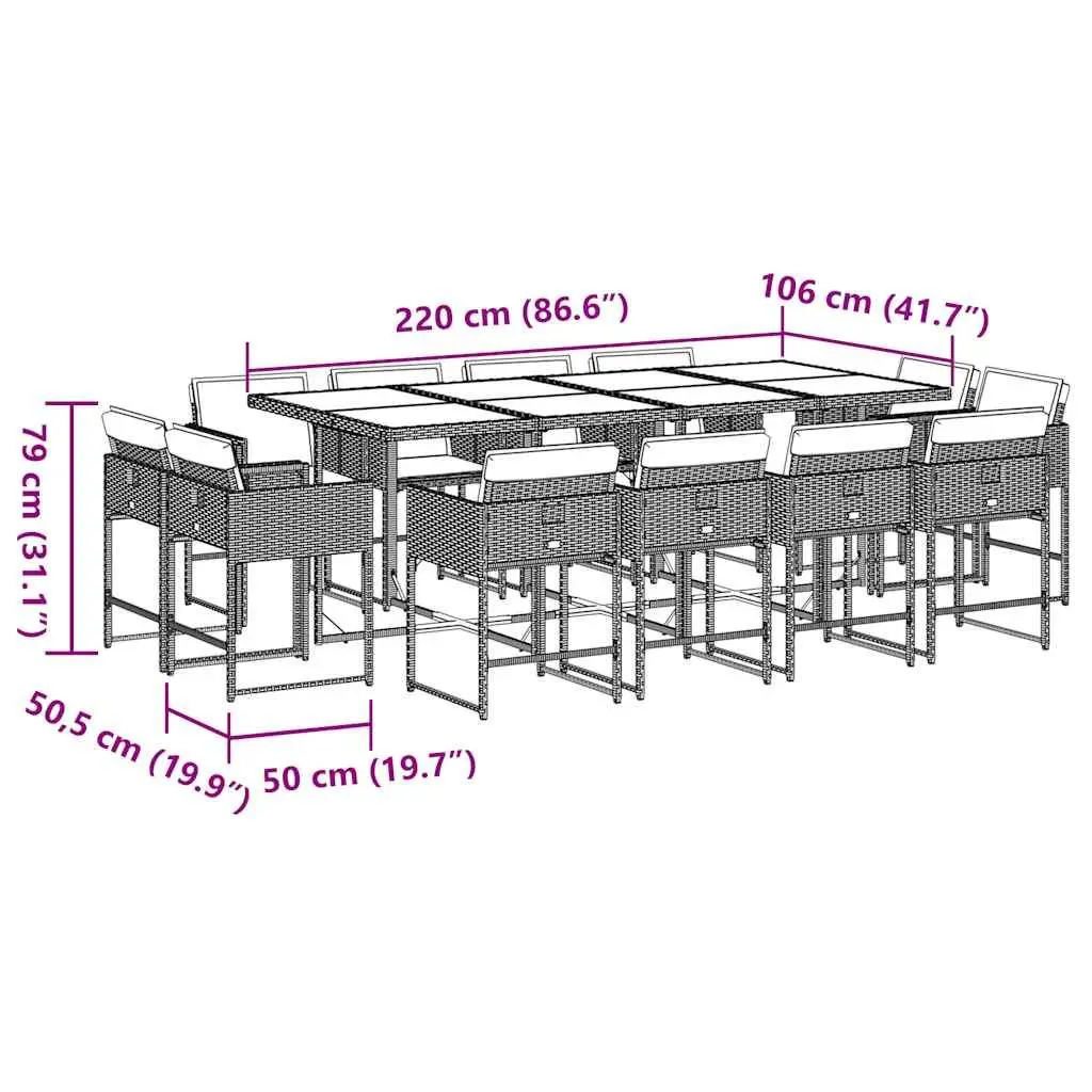 Outdoor Dining Set 13 Piece PE Poly Rattan Chairs Table Cushions Grey