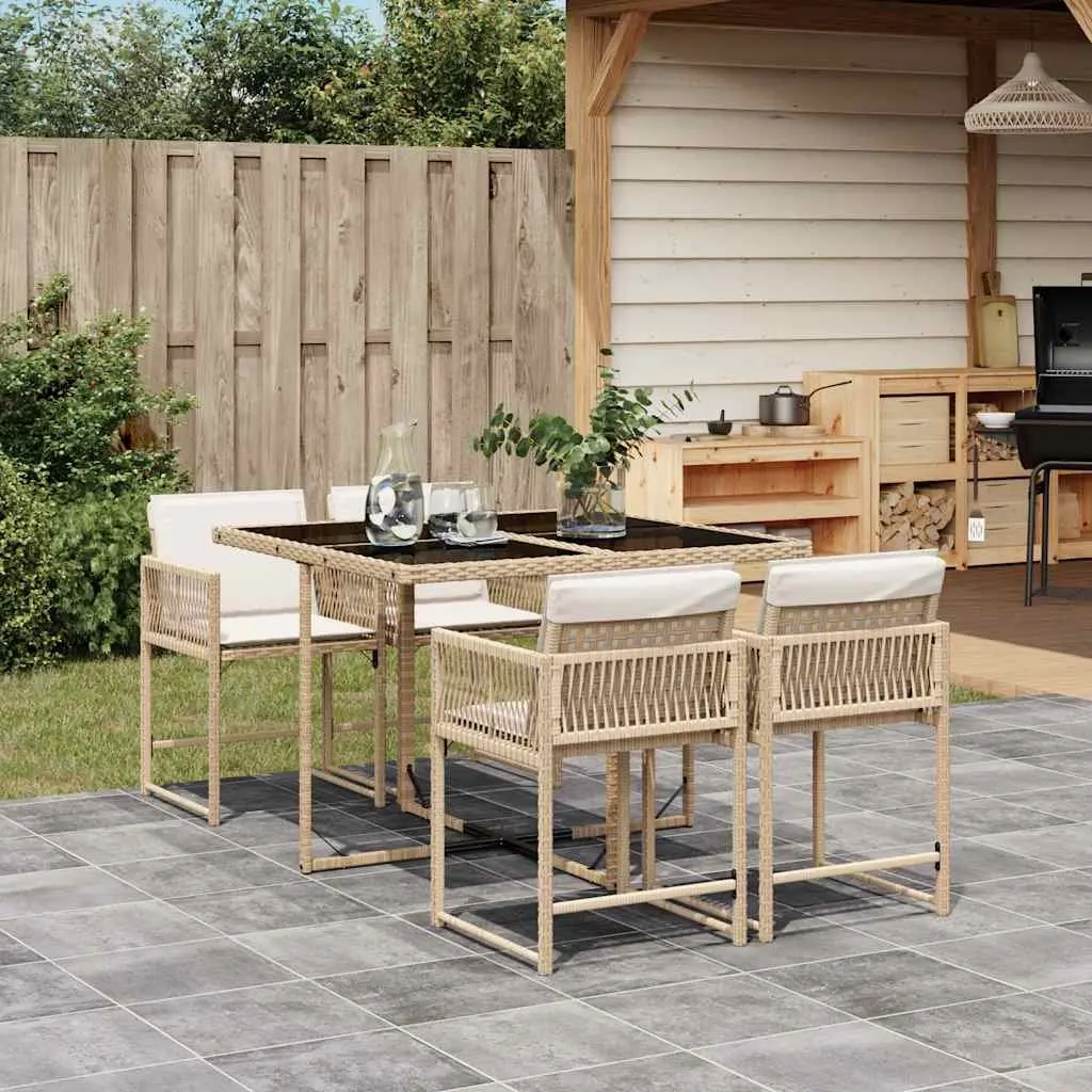 Garden Dining Set 5 Piece PE Rattan Beige Outdoor Furniture with Cushions and Tempered Glass Table Top