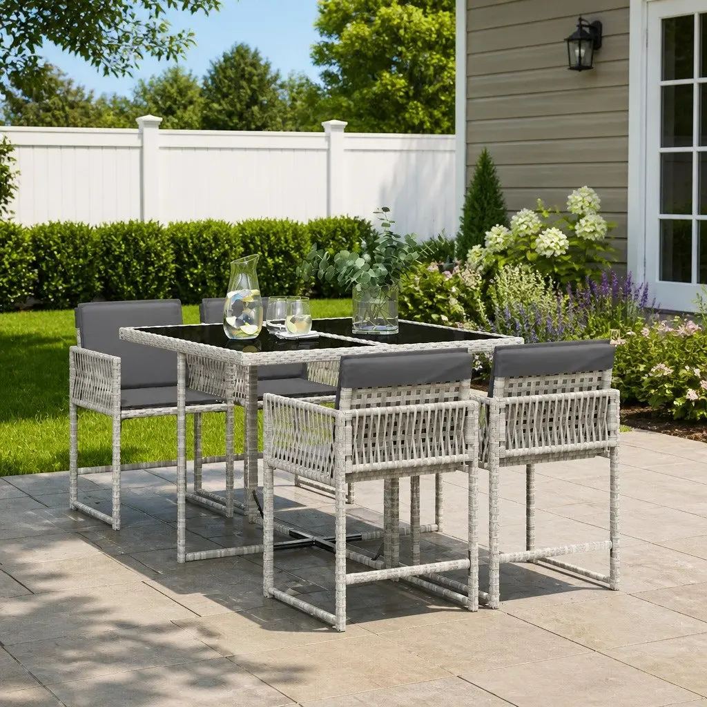 5 Piece Outdoor Dining Set Grey Poly Rattan Furniture with Cushions and Tempered Glass Table
