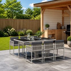 7 Piece Outdoor Dining Set with Cushions - Grey Poly Rattan