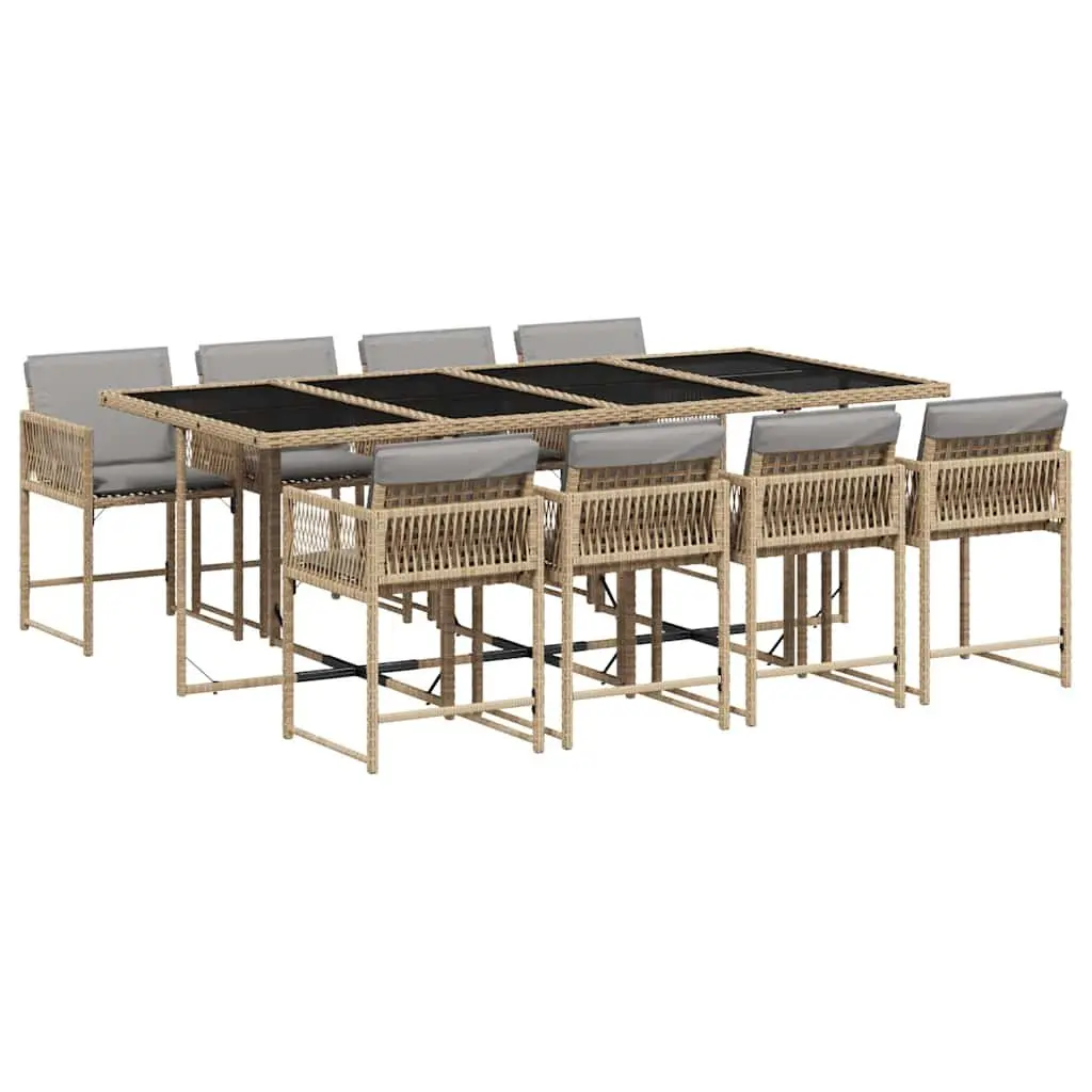 Outdoor Dining Set 9 Piece Patio Furniture Beige Poly Rattan Cushions Glass Top
