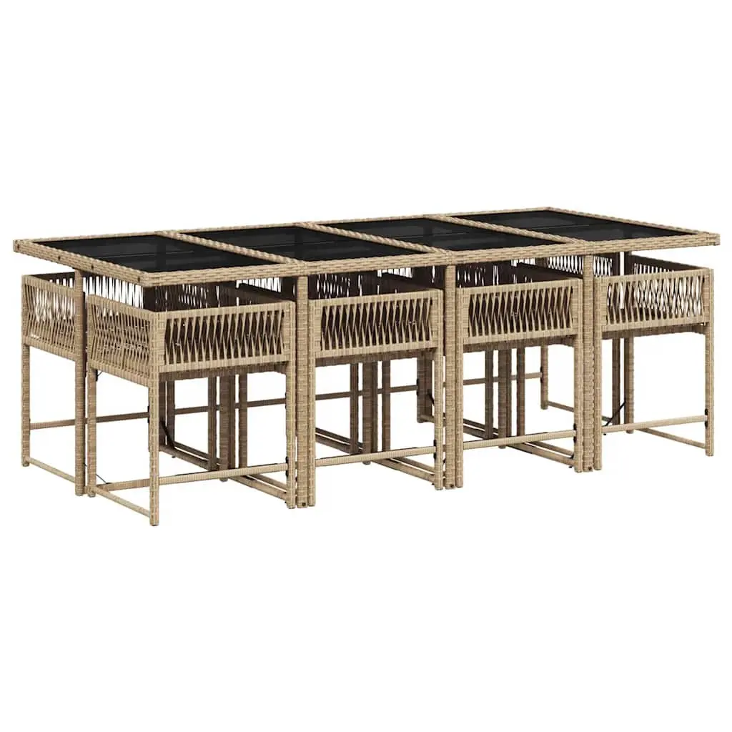 Outdoor Dining Set 9 Piece Patio Furniture Beige Poly Rattan Cushions Glass Top