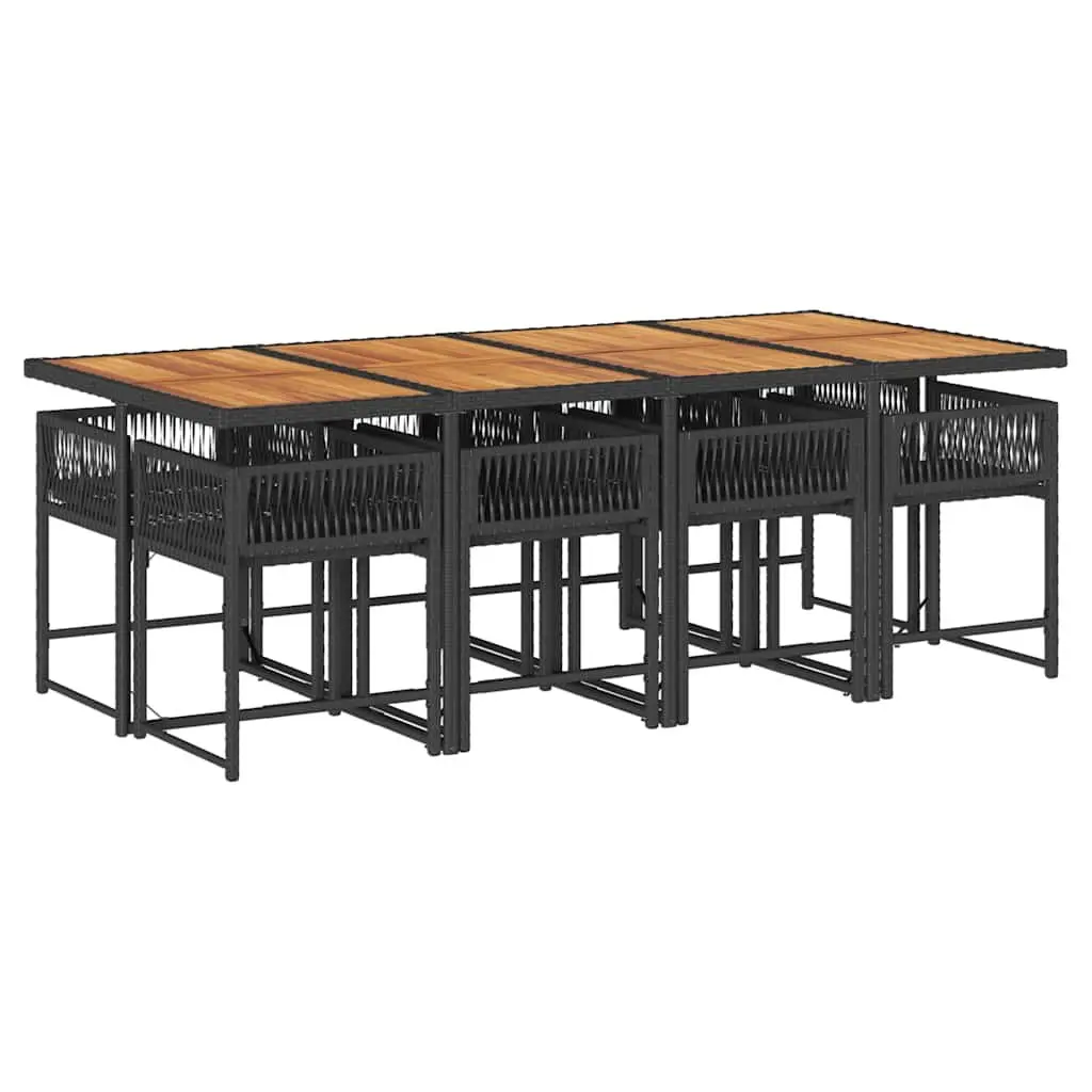 Garden Dining Set PE Rattan 9 Piece Outdoor Patio Furniture Black Acacia Wood Tabletop