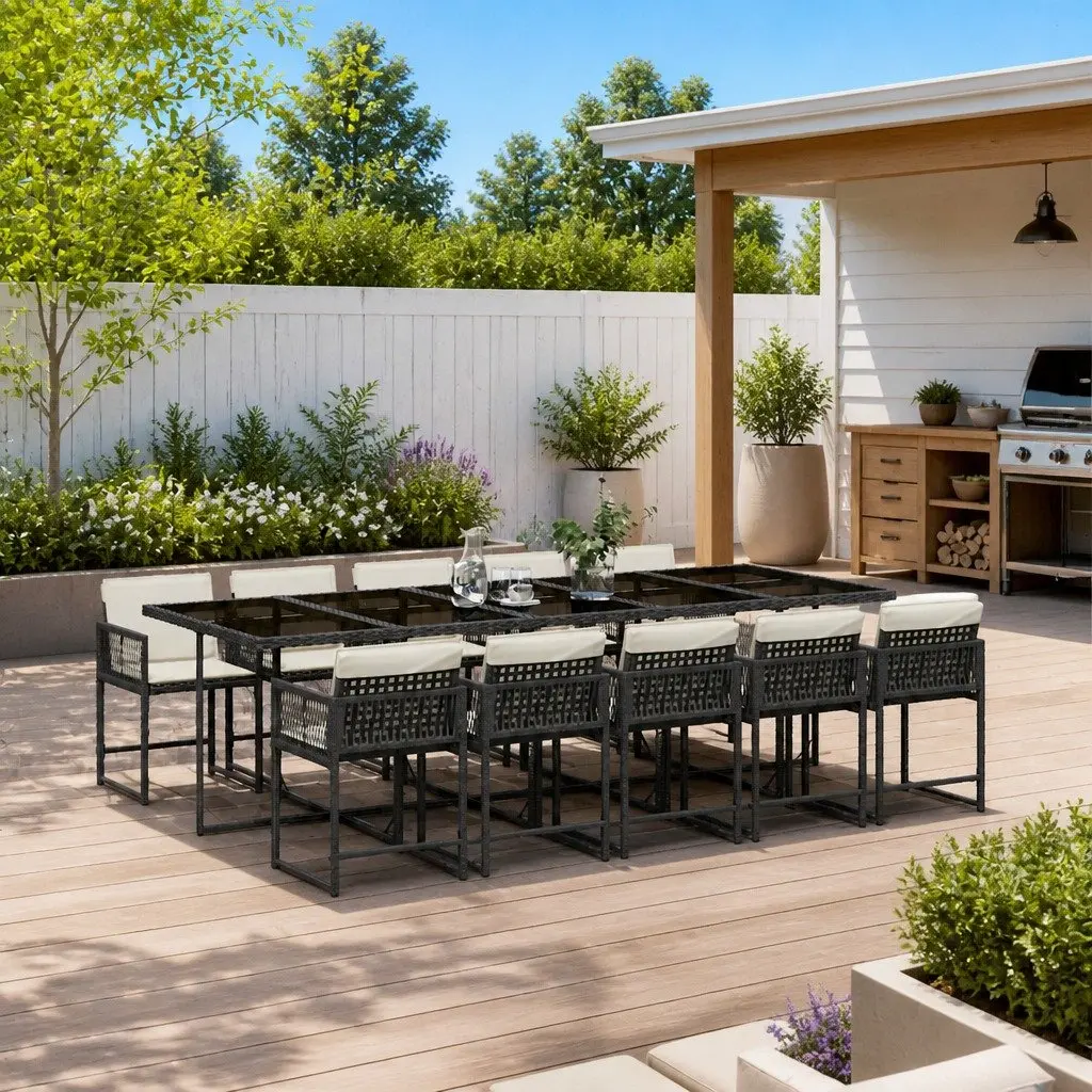 11 Piece Outdoor Dining Set PE Rattan Black with Cushions