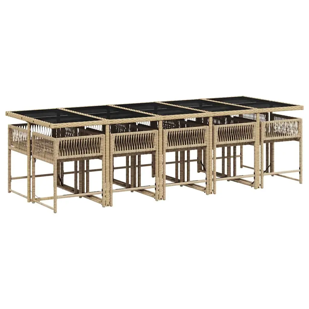 Garden Dining Set PE Rattan 11 Piece Outdoor Furniture Beige with Tempered Glass Table and Padded Cushions