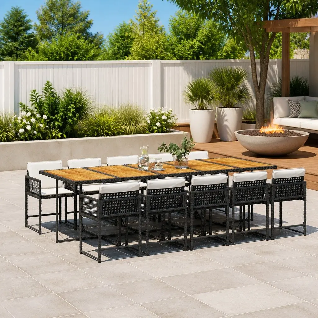 11 Piece Garden Dining Set Poly Rattan Black Acacia Wood Table Cushions Outdoor