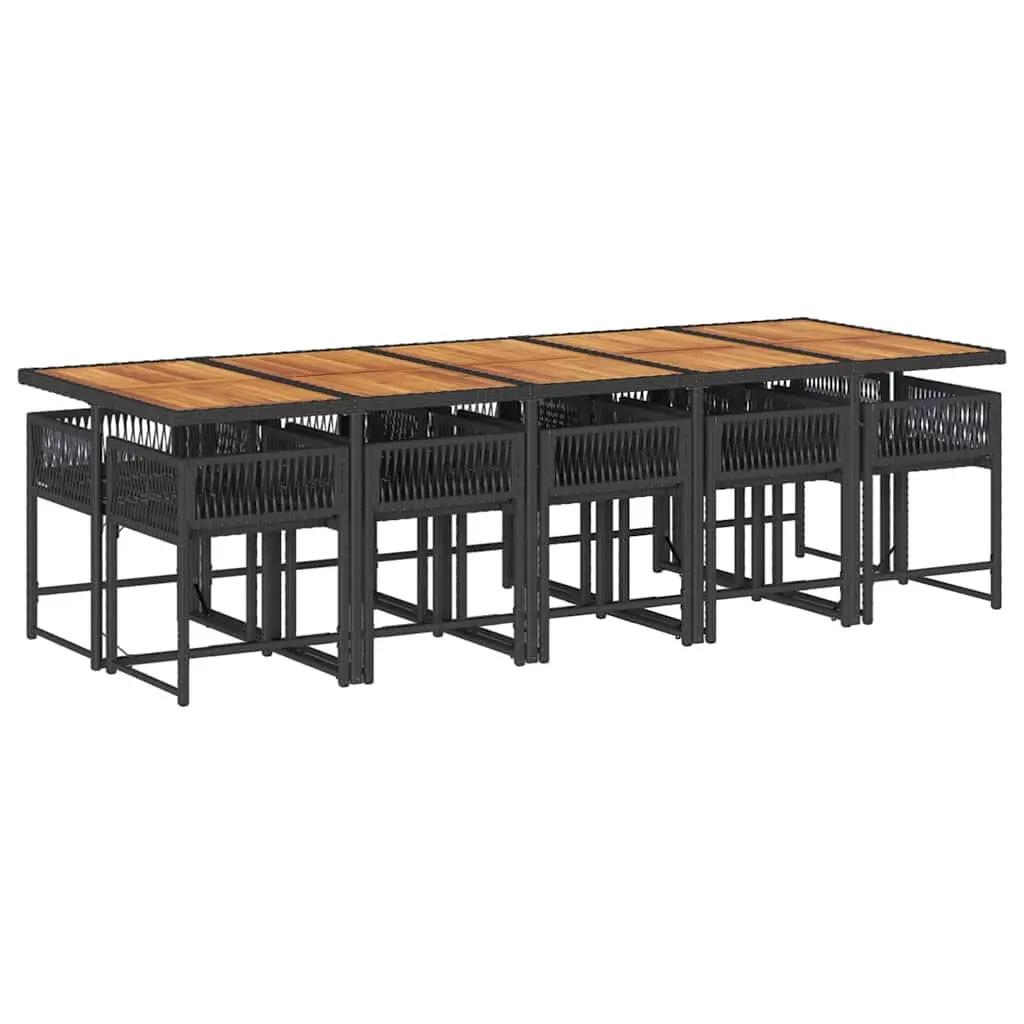 11 Piece Garden Dining Set Poly Rattan Black Acacia Wood Table Cushions Outdoor