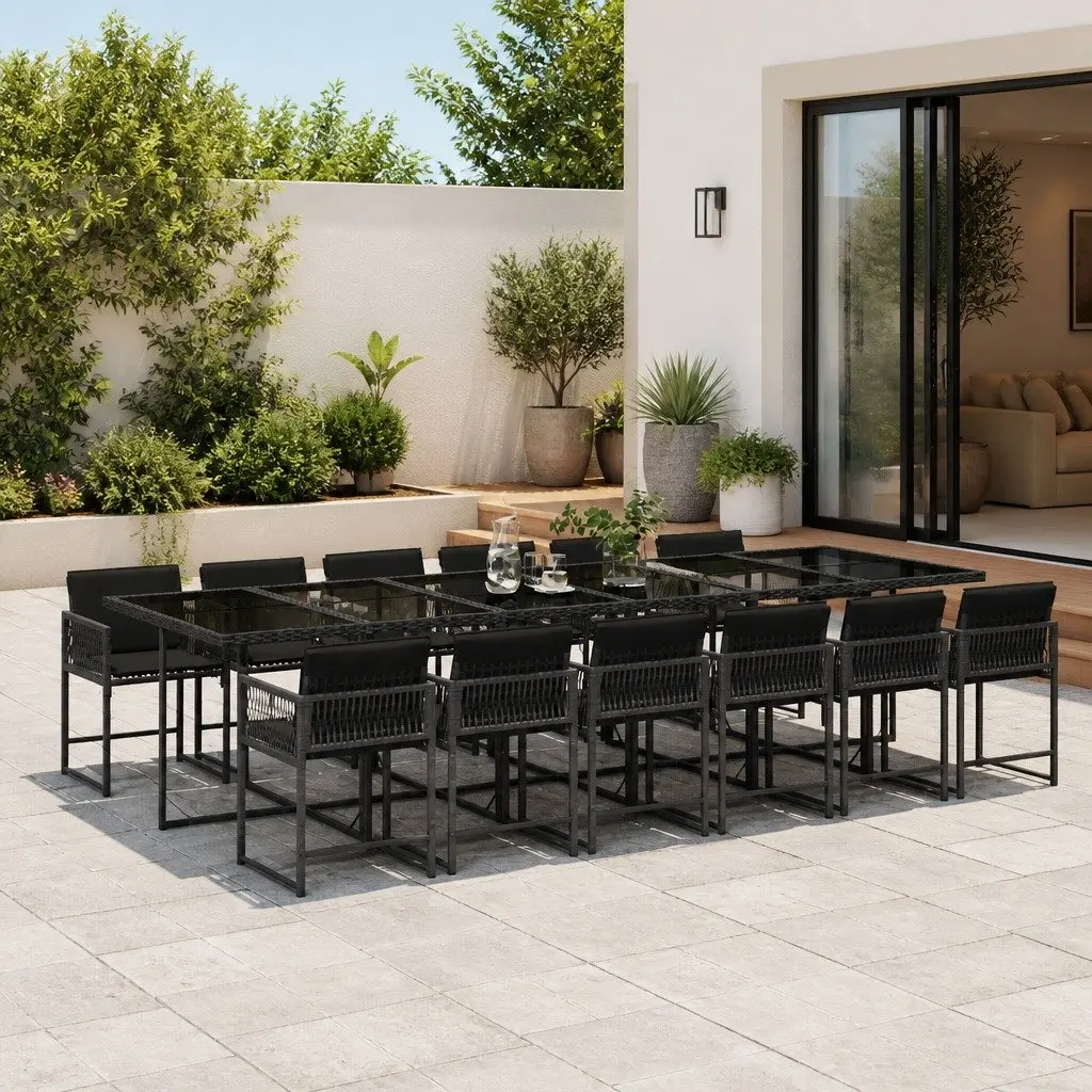 13 Piece Outdoor Dining Set PE Rattan Black Tempered Glass Table Chairs with Cushions