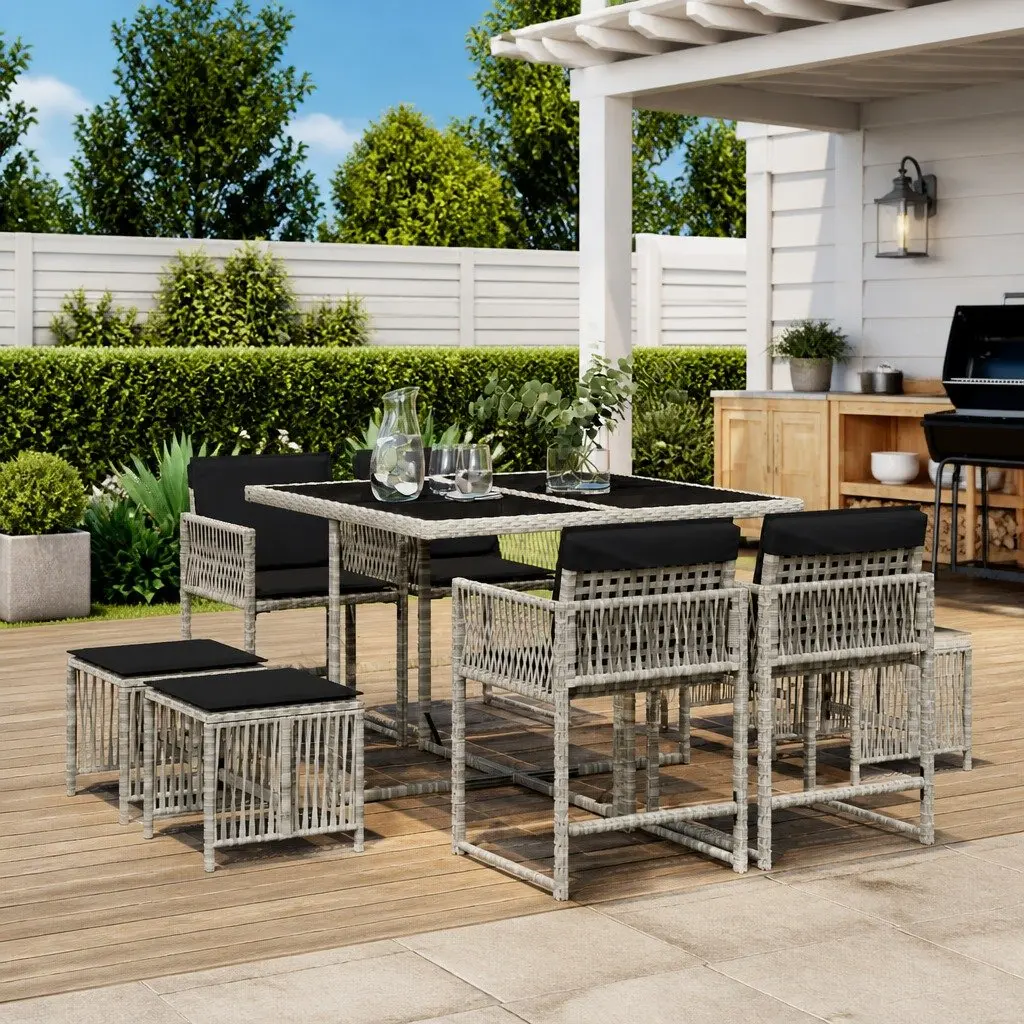 Garden Dining Set 9 Piece PE Rattan Grey Outdoor Furniture with Cushions