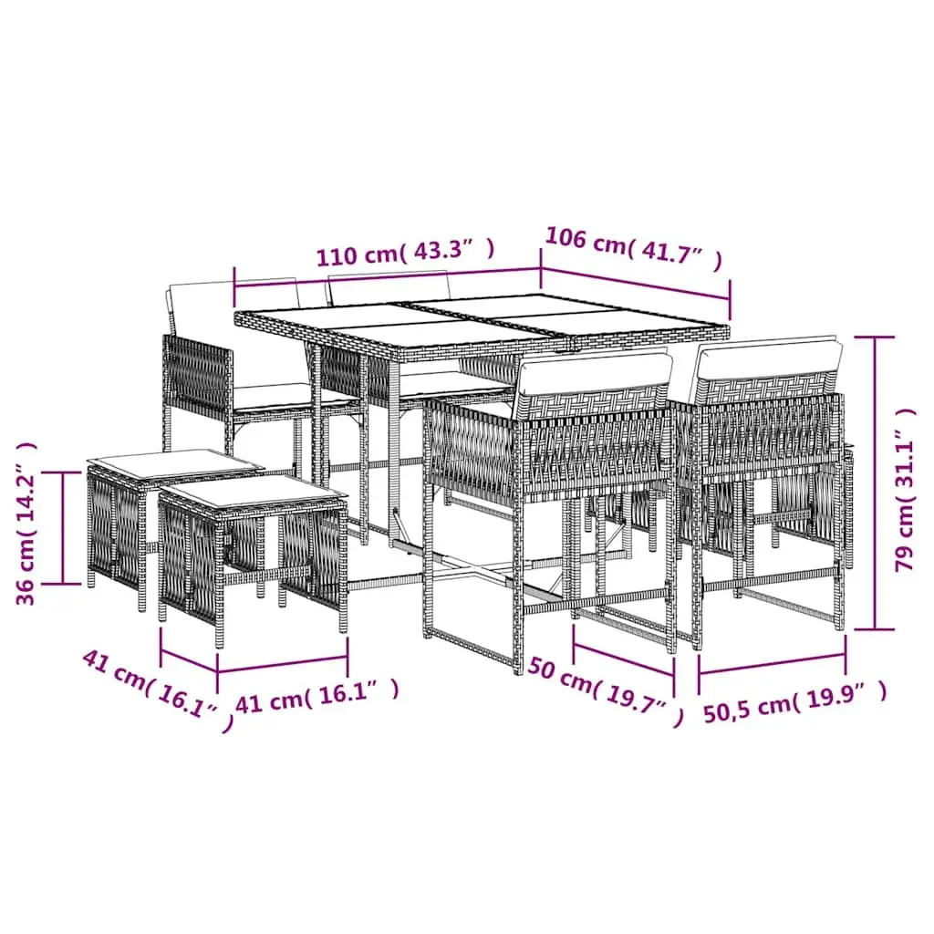 Garden Dining Set 9 Piece PE Rattan Grey Outdoor Furniture with Cushions