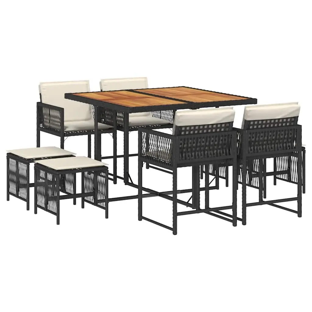 Garden Dining Set PE Rattan Frame Acacia Wood Table 9 Piece Black Outdoor Patio Furniture