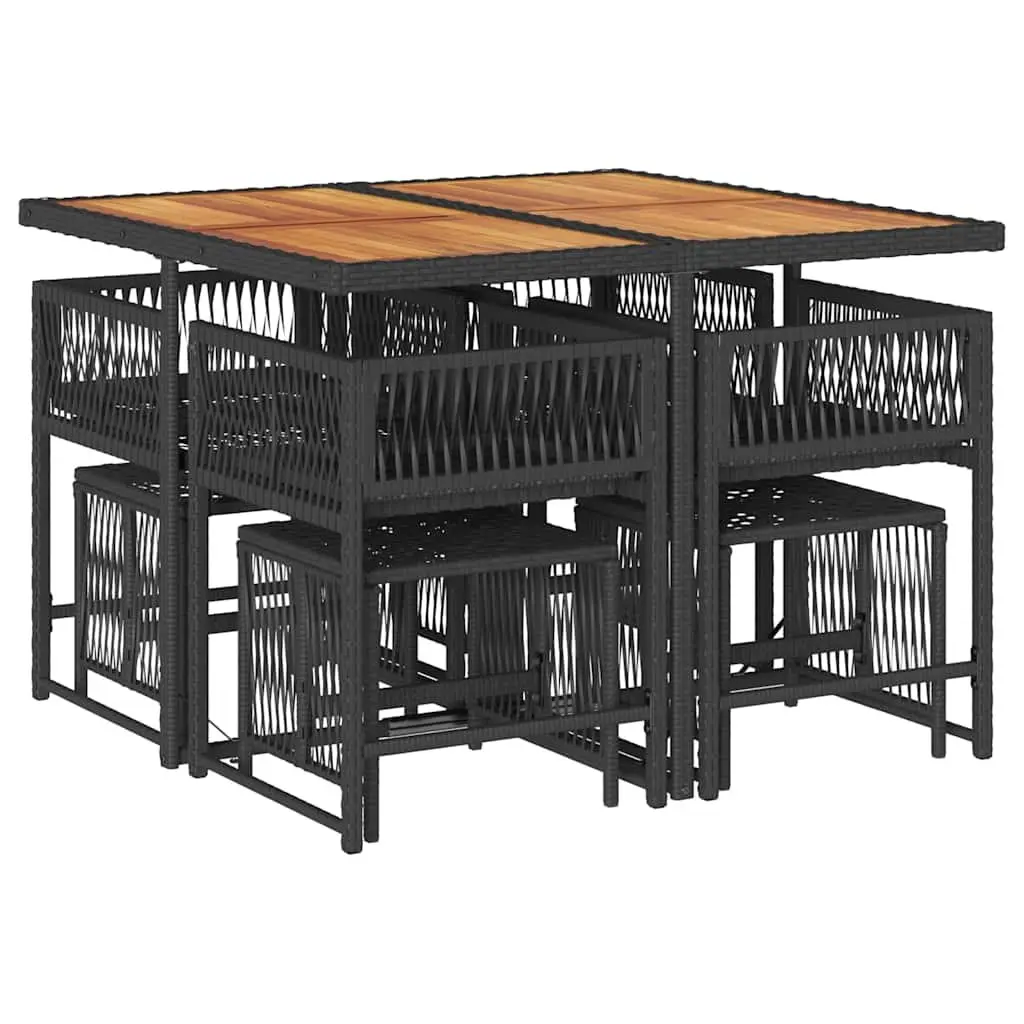 Garden Dining Set PE Rattan Frame Acacia Wood Table 9 Piece Black Outdoor Patio Furniture