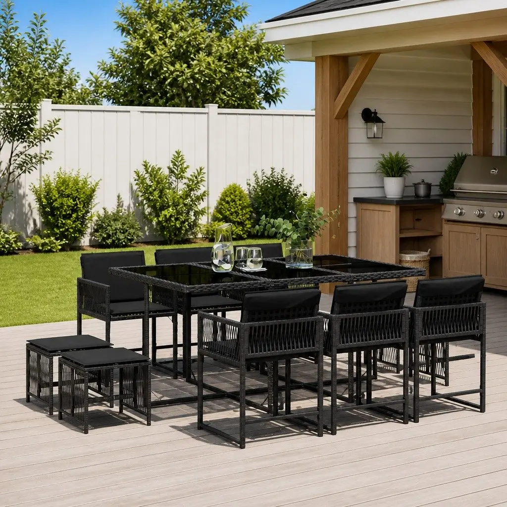 11 Piece Outdoor Garden Dining Set Black Poly Rattan Chairs Table Cushions