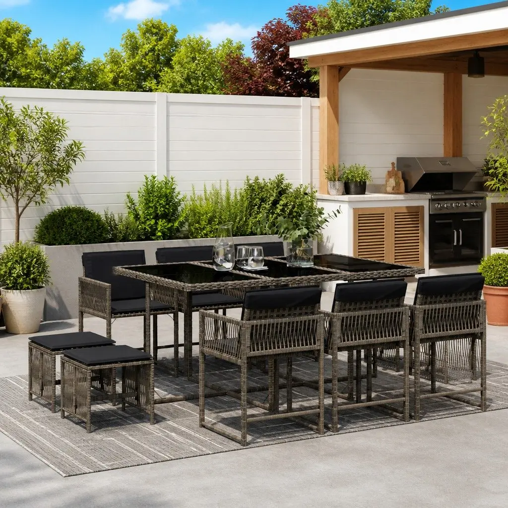 Outdoor Dining Set Grey PE Rattan 11 Piece Furniture with Cushions for Garden Patio Relaxation