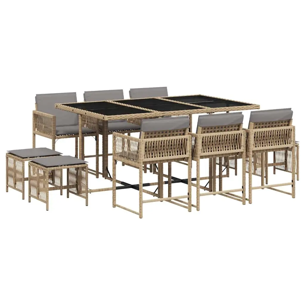 Garden Dining Set 11 Piece PE Rattan Outdoor Furniture with Cushions Tempered Glass Table Beige