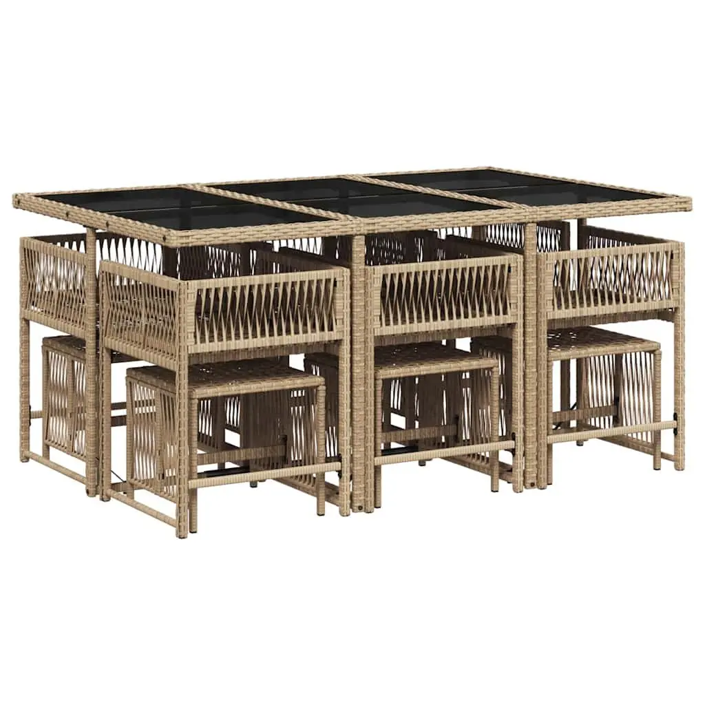 Garden Dining Set 11 Piece PE Rattan Outdoor Furniture with Cushions Tempered Glass Table Beige