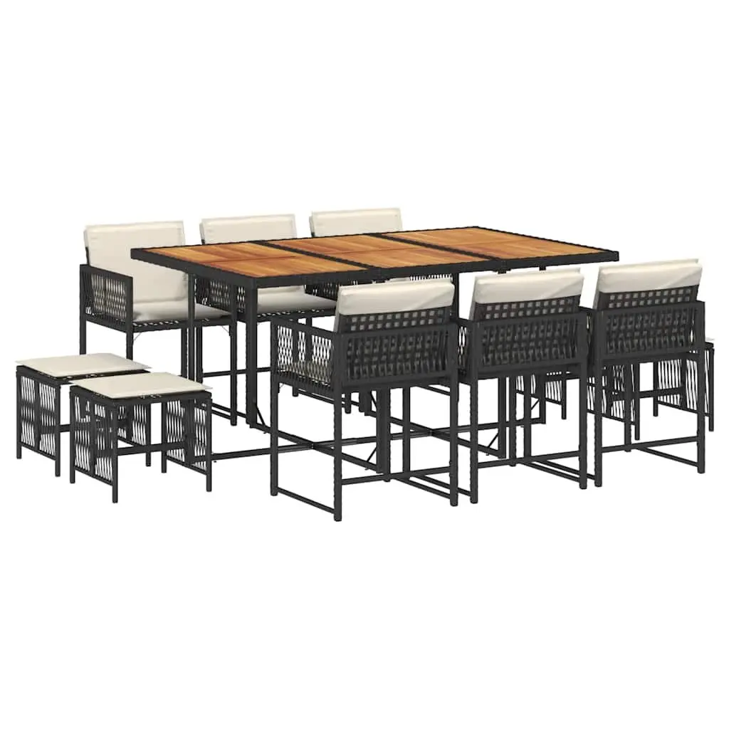 Garden Dining Set 11 Piece PE Rattan Frame Acacia Wood Table Black with Cushions