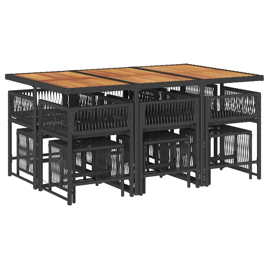 Garden Dining Set 11 Piece PE Rattan Frame Acacia Wood Table Black with Cushions