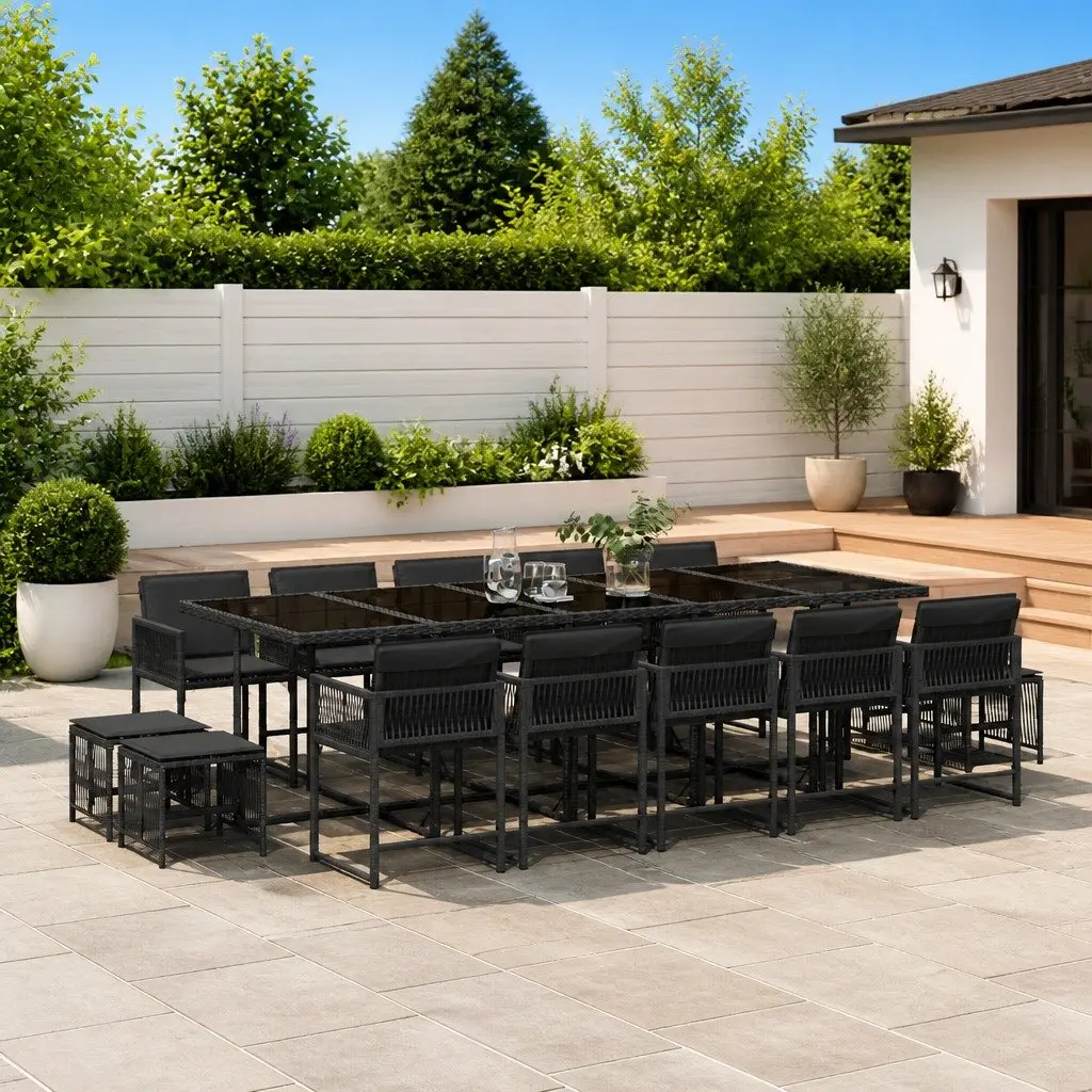 15 Piece Outdoor Dining Set PE Rattan Chairs Table with Cushions Black Patio