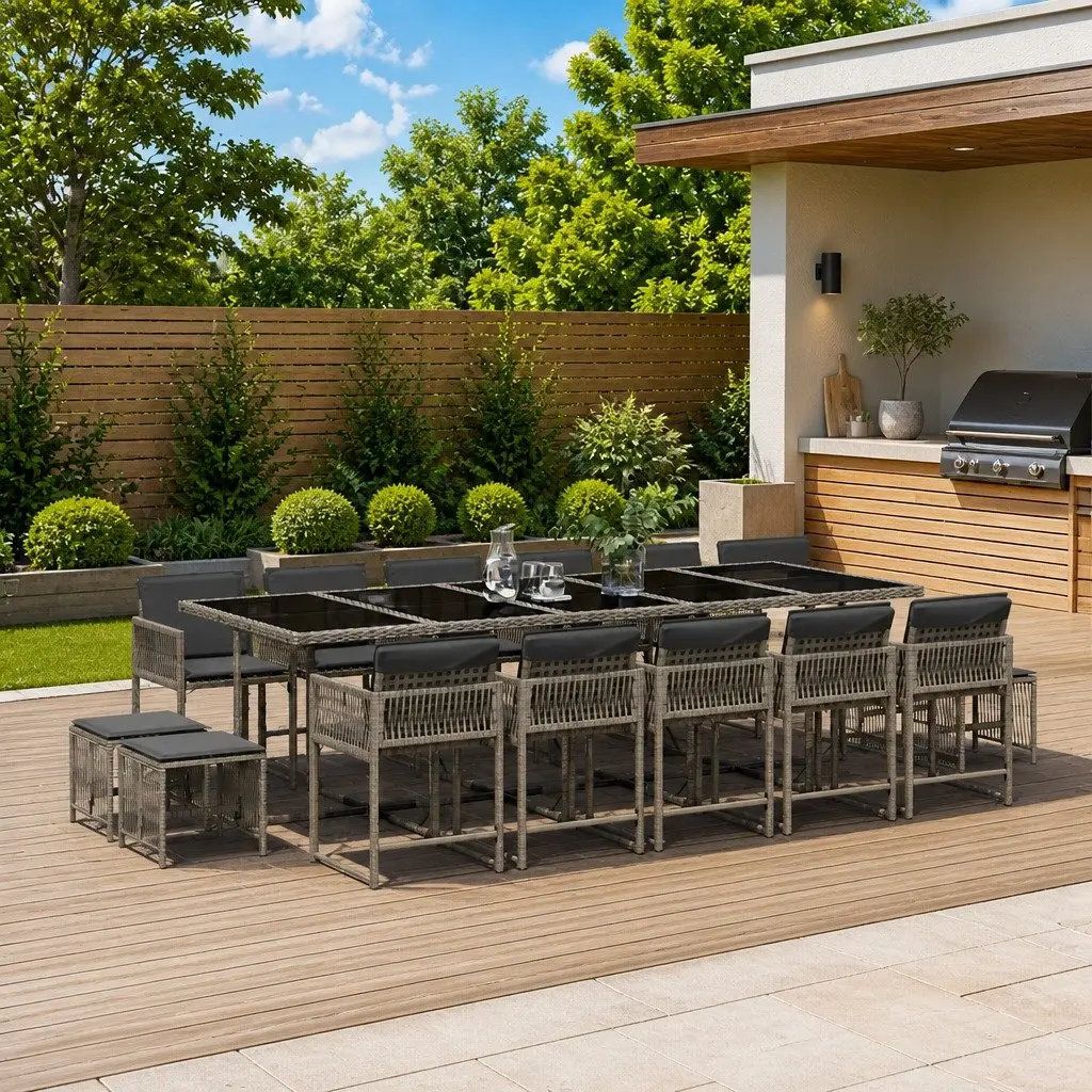 Outdoor Furniture Set 15 Piece Grey PE Rattan Dining Set with Cushions and Tempered Glass Tabletop for Patio Garden and Backyard