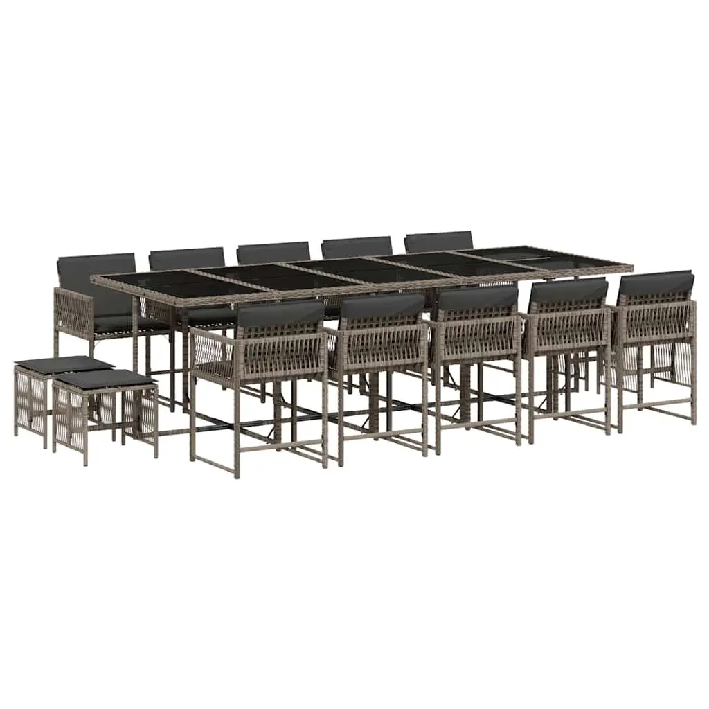 Outdoor Furniture Set 15 Piece Grey PE Rattan Dining Set with Cushions and Tempered Glass Tabletop for Patio Garden and Backyard