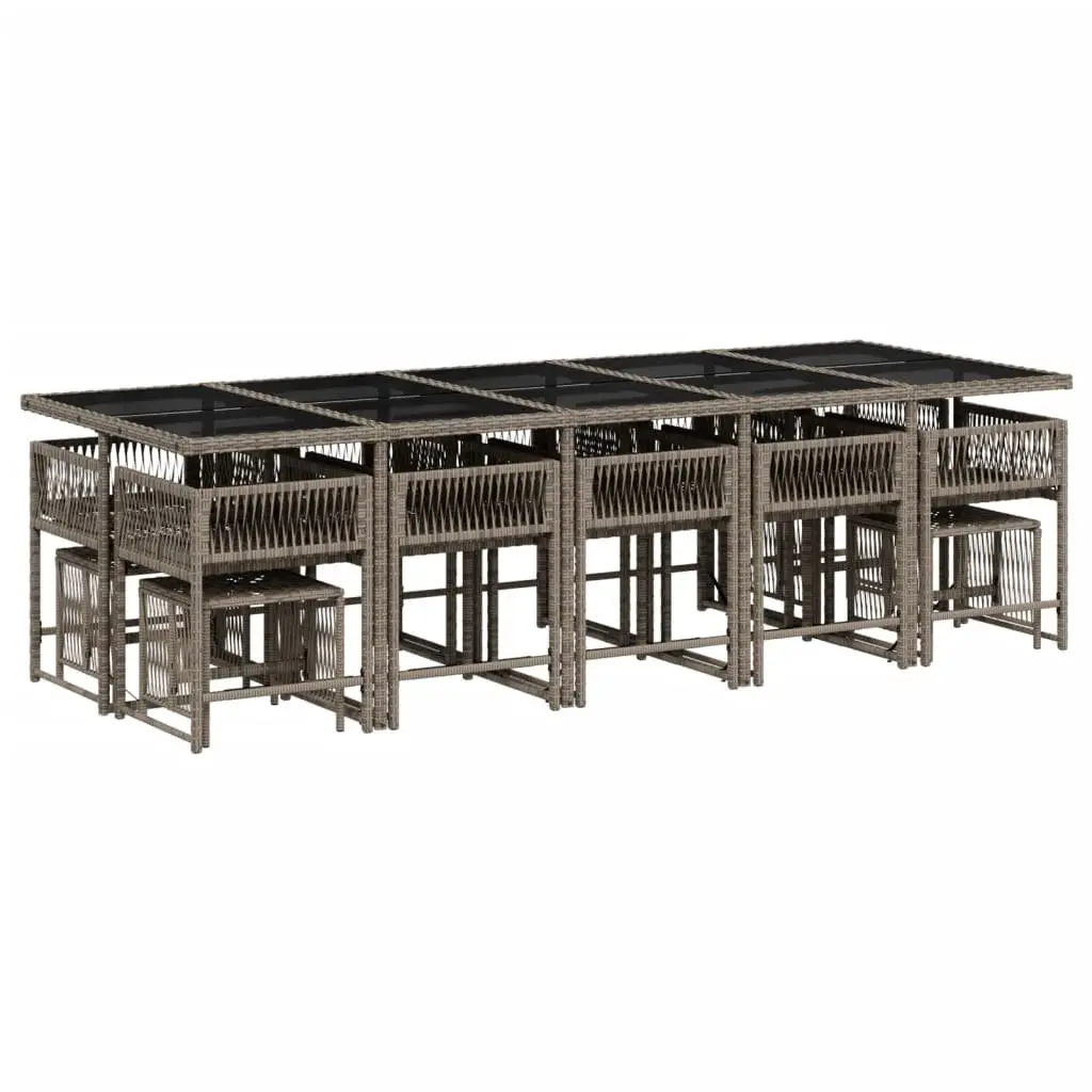 Outdoor Furniture Set 15 Piece Grey PE Rattan Dining Set with Cushions and Tempered Glass Tabletop for Patio Garden and Backyard