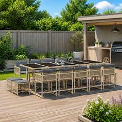 Garden Dining Set 15 Piece Outdoor Furniture Beige Poly Rattan Cushions Glass