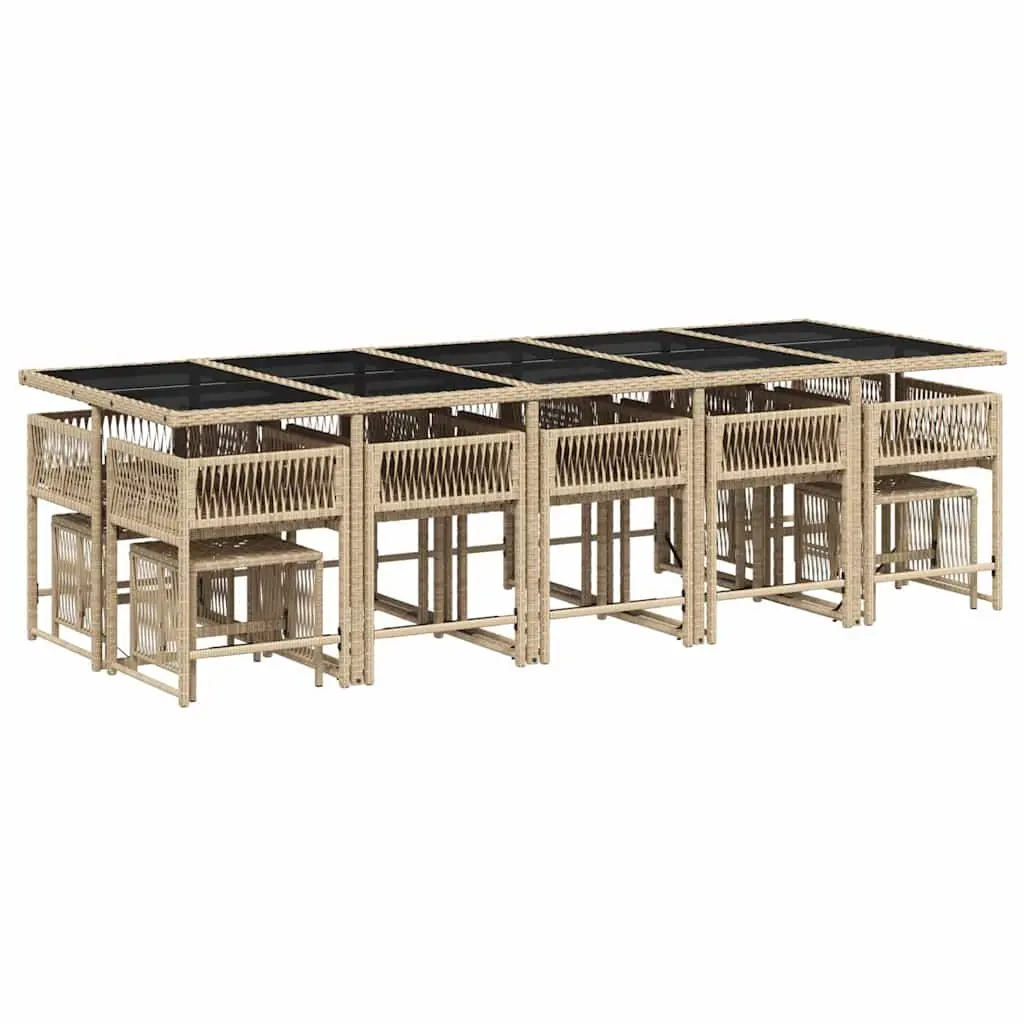 Garden Dining Set 15 Piece PE Rattan Beige Cushions Tempered Glass