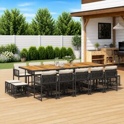 15 Piece Outdoor Garden Dining Set Black Poly Rattan Chairs Stools Table