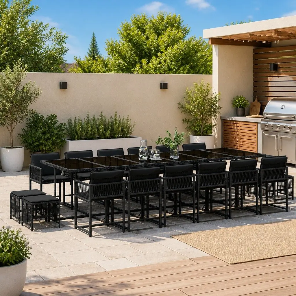 Outdoor Garden Dining Set 17 Piece PE Rattan Black Chairs Table with Cushions