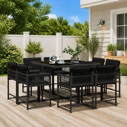 9 Piece Outdoor Garden Dining Set with Cushions Black Poly Rattan Patio
