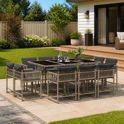 Garden Dining Set 11 Piece Grey Poly Rattan Chairs Table Cushions Patio