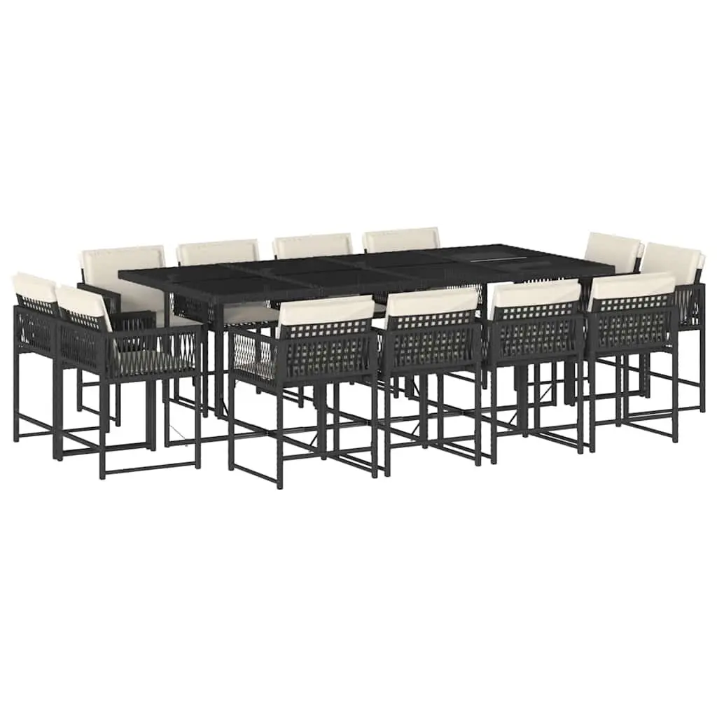 13 Piece Outdoor Dining Set PE Rattan Black Cushions Tempered Glass Table